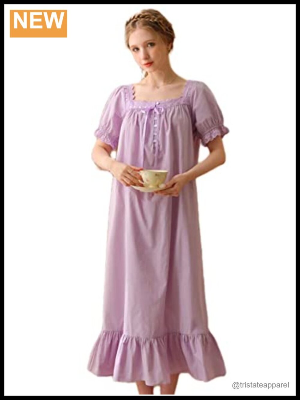 Victorian Nightgown 100% Cotton Lace Ruffle Square Neck Sleepwear